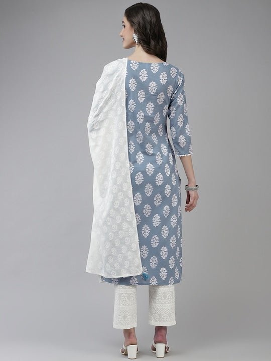 Yufta Women Blue Ethnic Motifs Printed Pure Cotton Kurta with Trousers & Dupatta