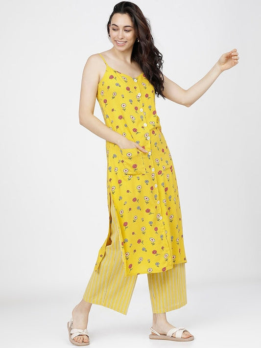 Vishudh Women Yellow & Red Floral Printed Regular Kurta with Palazzos