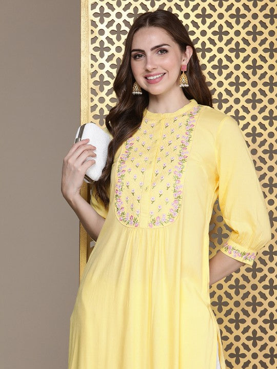 House of Pataudi Jashn Pure Cotton Ethnic Motifs Yoke Design Thread Work Floral Kurta