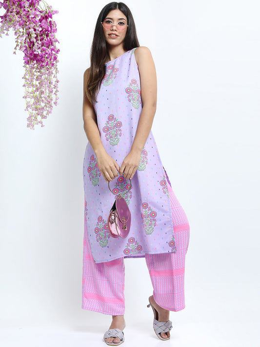 Vishudh Women Mauve Printed Layered Kurta with Palazzos - XL