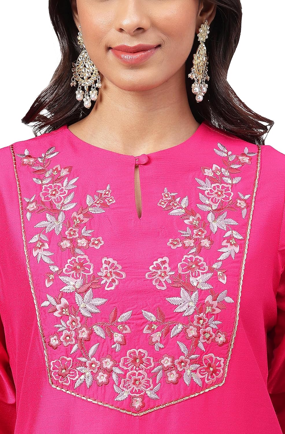 Janasya Women's Pink Poly Silk Yoke Embroidered Straight Kurta