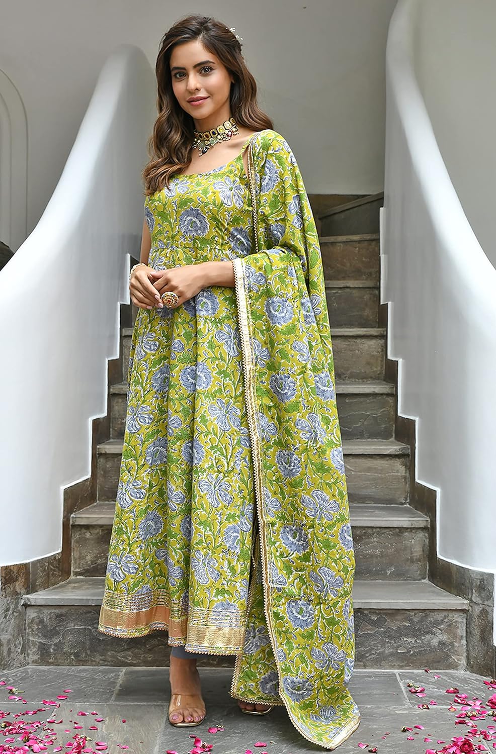 Janasya Women's Mustard Cotton Printed Kurta with Pant and Dupatta