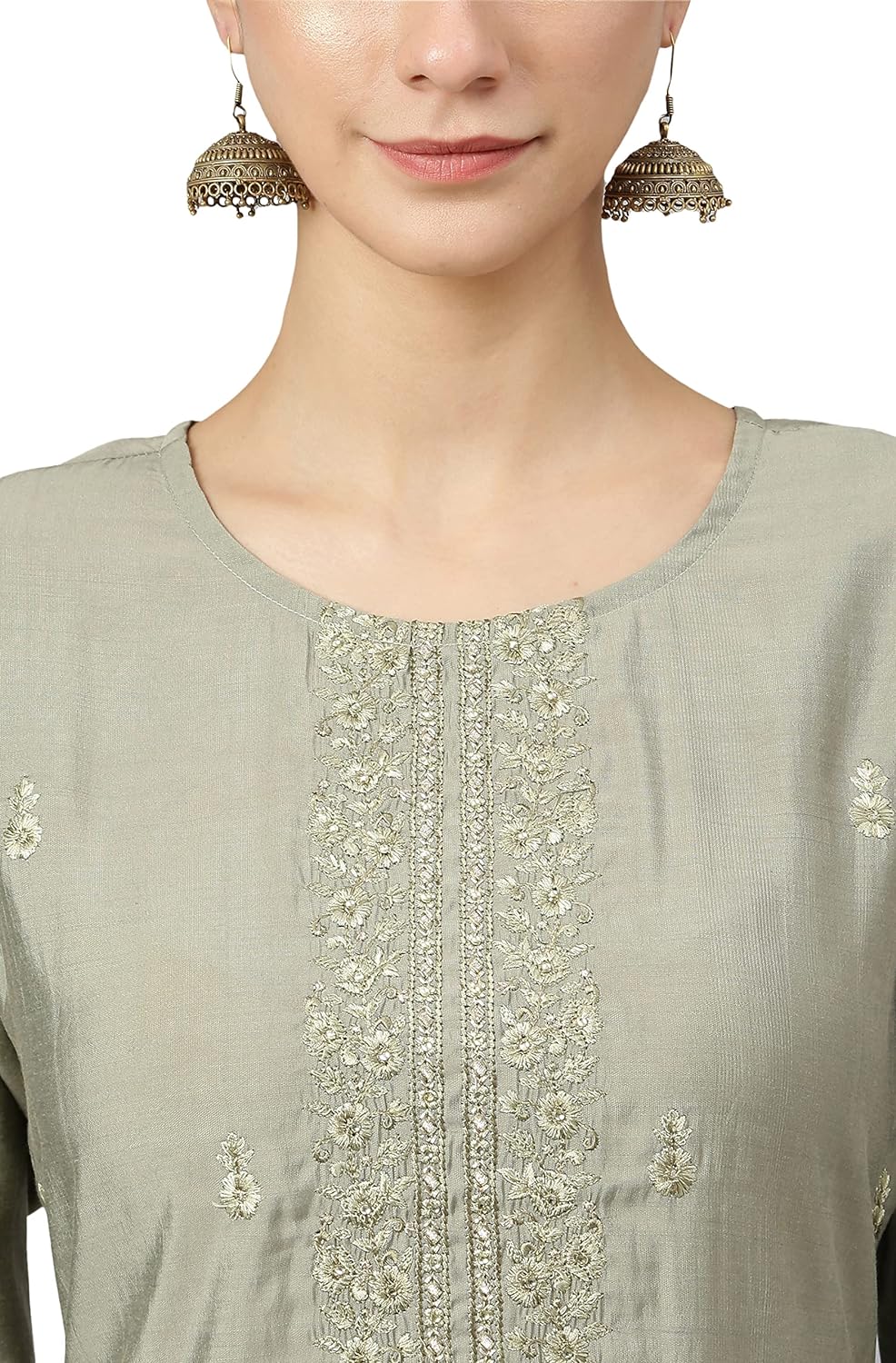 Janasya Women's Sage Green Viscose Blend Embroidered Kurta with Pant and Dupatta