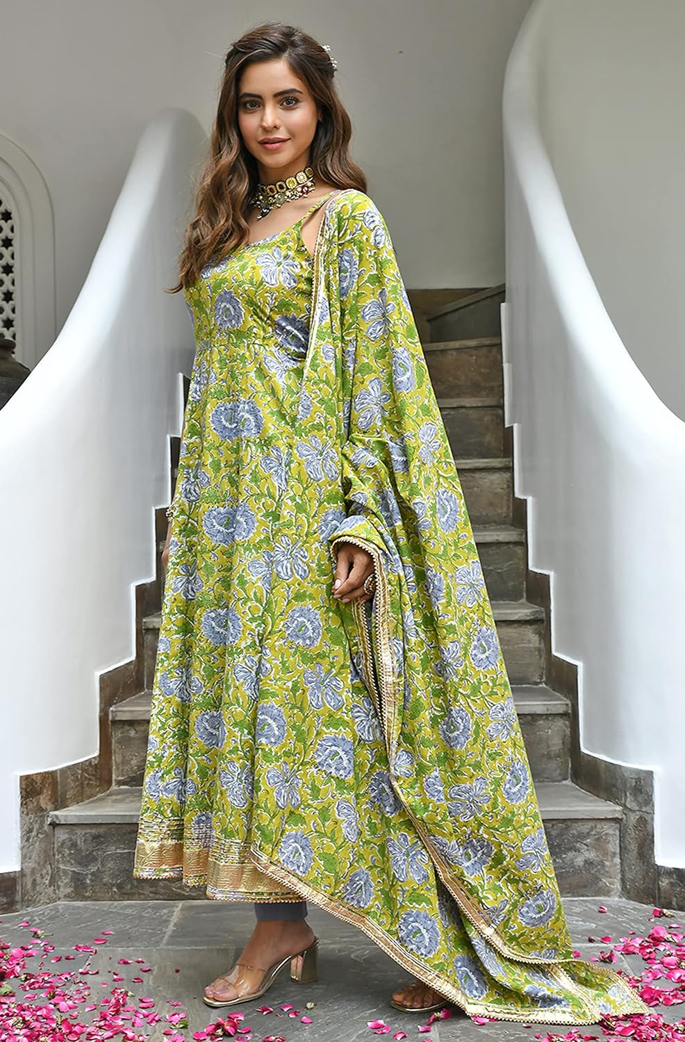 Janasya Women's Mustard Cotton Printed Kurta with Pant and Dupatta
