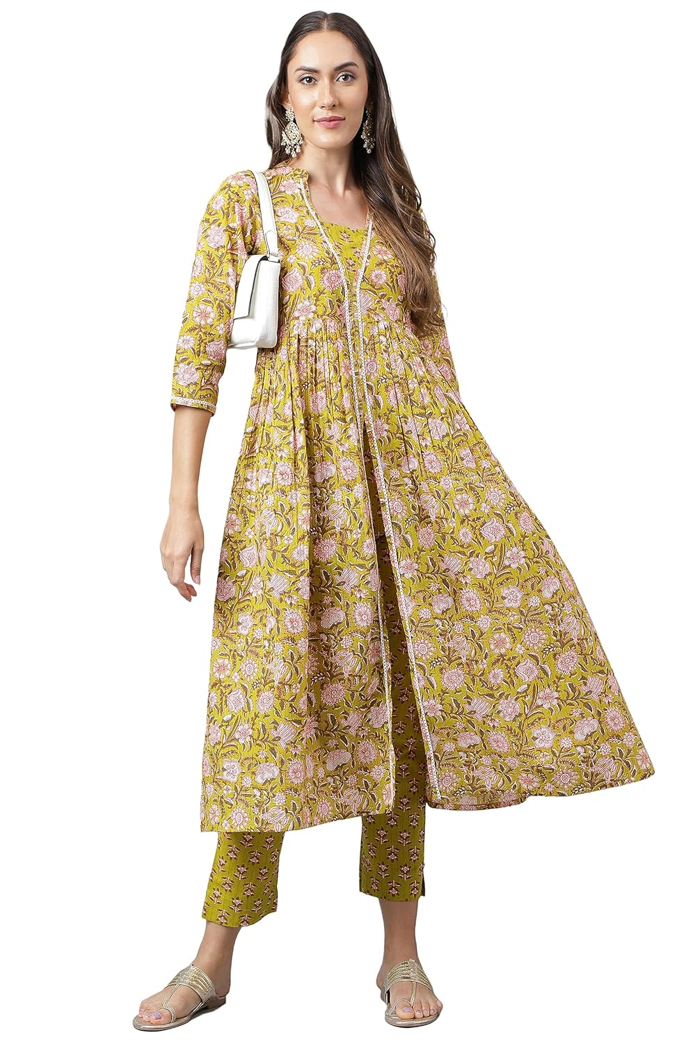 Janasya Women's Green Cotton Floral Printed Kurta with Pant