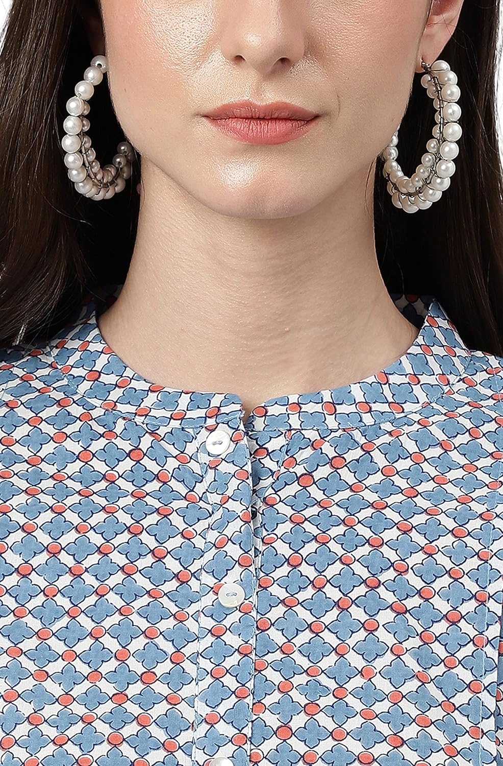 Janasya Women's Blue Cotton Printed Regular Top