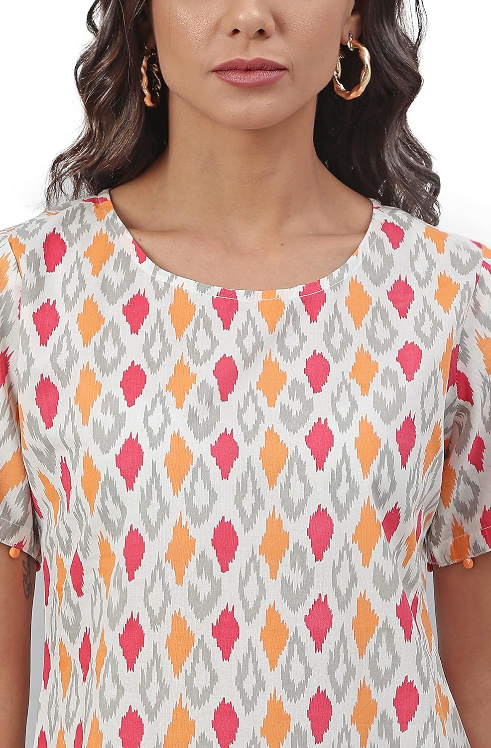 Janasya Women's Off White Cotton Printed Knee Length Dress