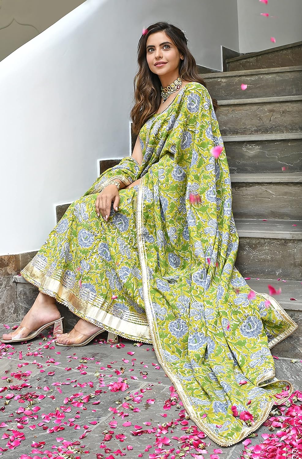 Janasya Women's Mustard Cotton Printed Kurta with Pant and Dupatta