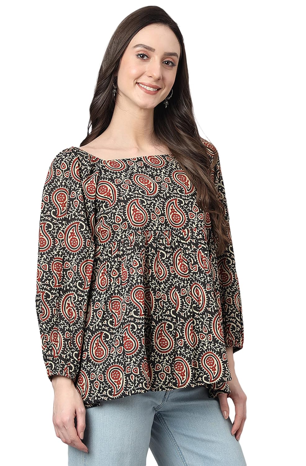 Janasya Women's Black Cotton Paisley Print Gathered Top