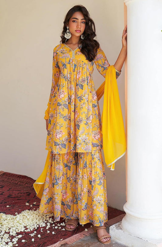 Janasya Women's Georgette Digital Floral Printed Embellished Kurta Set Yellow