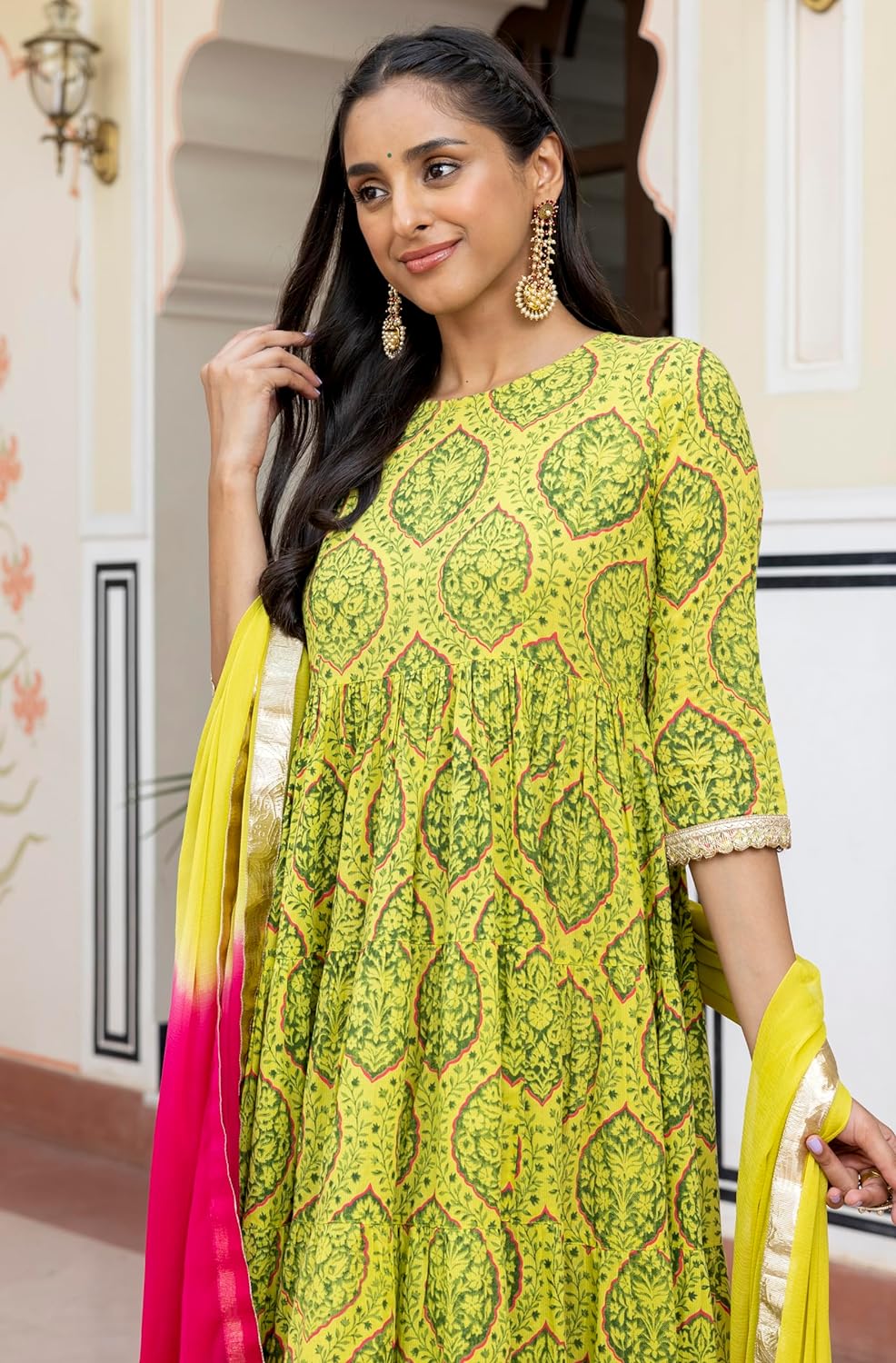 Janasya Women's Lime Green Cotton Embellished Floral Printed Kurta with Flared Palazzo and Dupatta