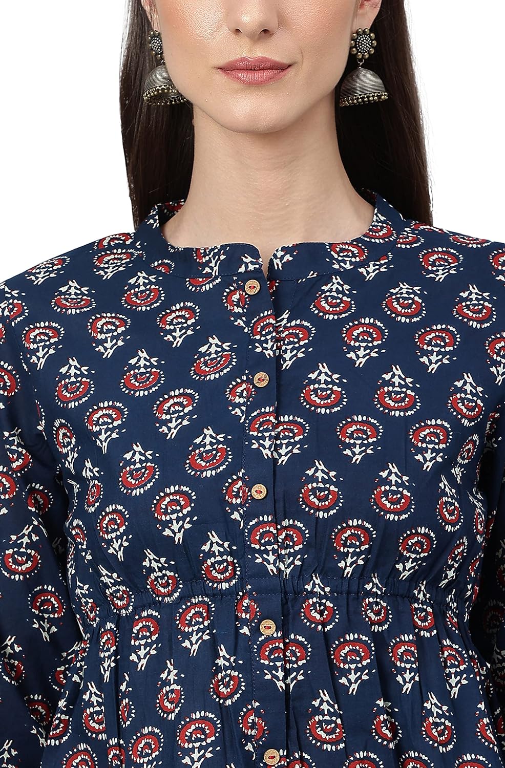 Janasya Women's Navy Blue Cotton Floral Block Print Flared Tunic
