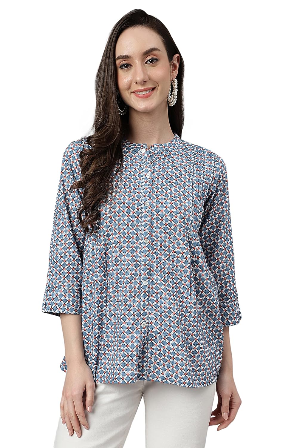 Janasya Women's Blue Cotton Printed Regular Top