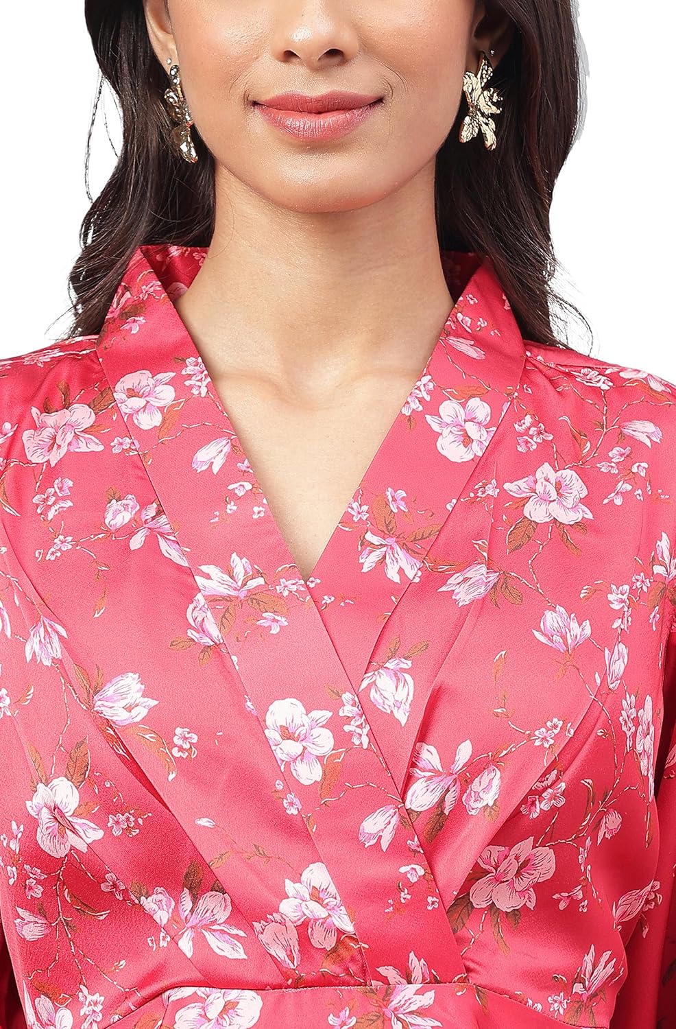 Janasya Women's Red Satin Digital Floral Printed Co-ords Set