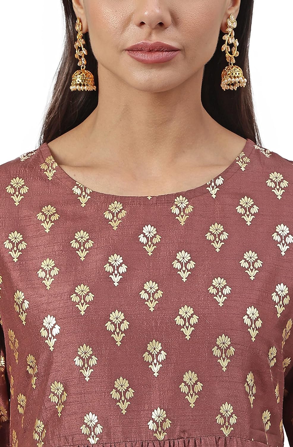 Janasya Women's Brown Poly Silk Foil Print Kurta with Pant and Dupatta