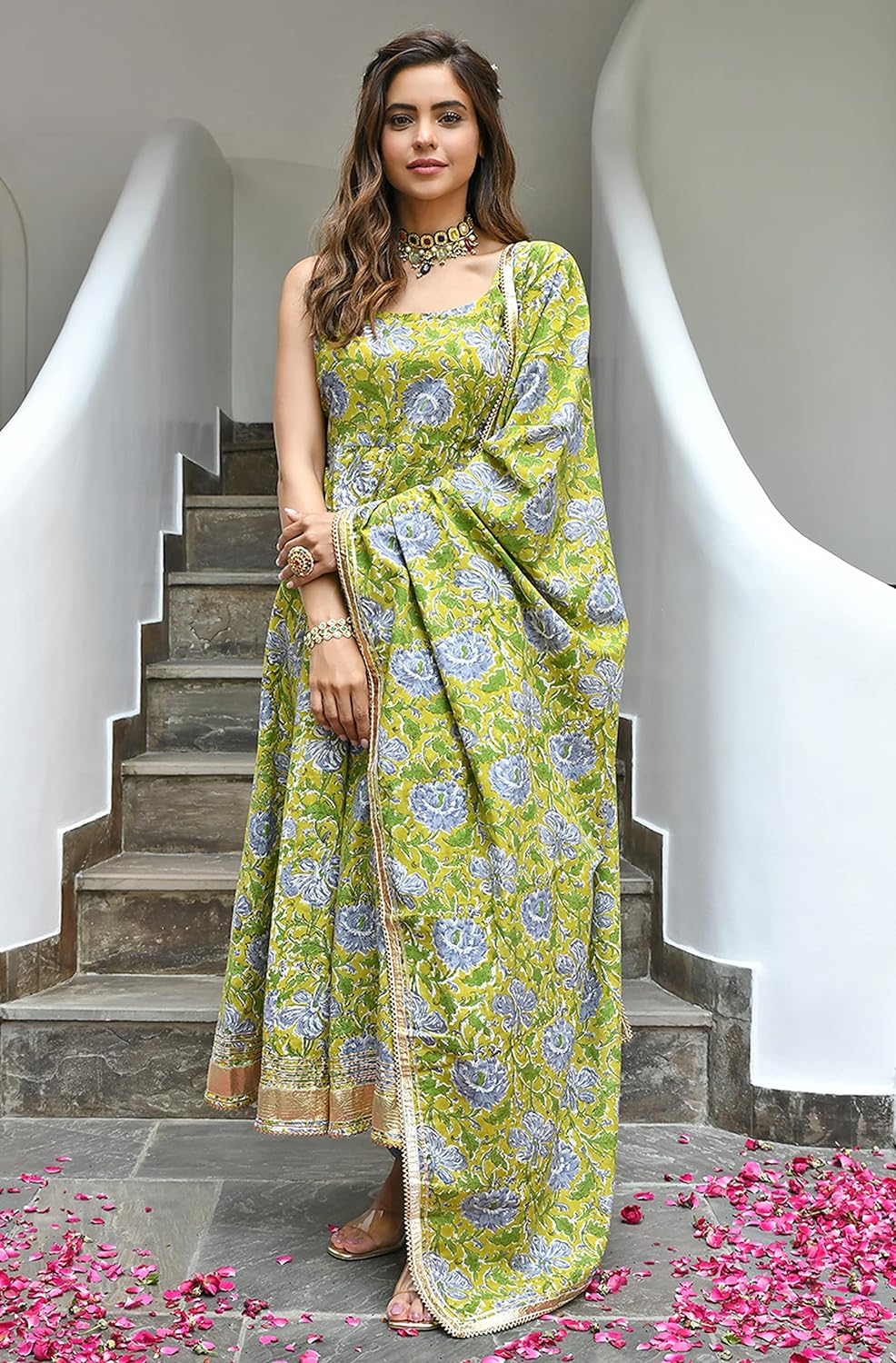 Janasya Women's Mustard Cotton Printed Kurta with Pant and Dupatta