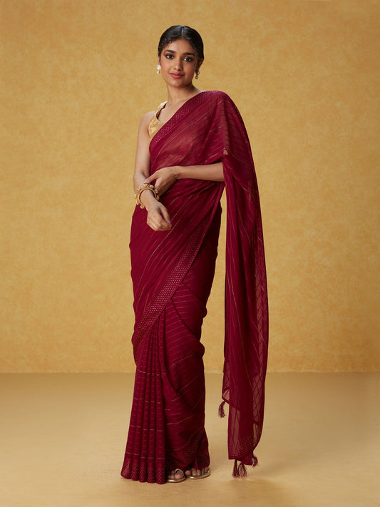 Likha Wine Georgette Embellished Saree with Unstitched Blouse LIKSAR95 (Free Size)