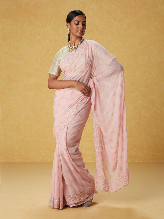 Likha Pink Georgette Embroidered Saree with Scalloping and Unstitched Blouse LIKSAR96 (Free Size)