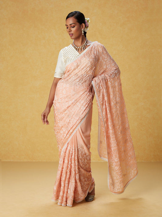 Likha Peach Chiffon Embroidered Saree with Lace and Unstitched Blouse LIKSAR99 (Free Size)