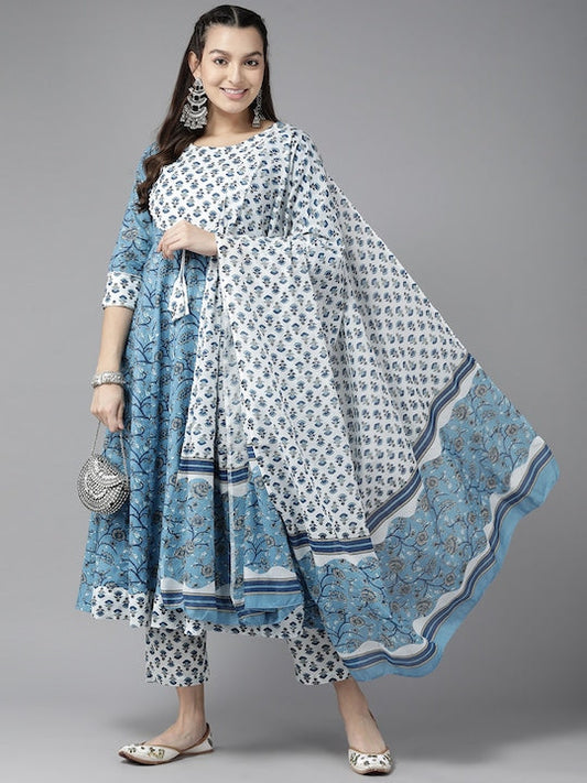 Yufta Floral Printed Sequinned Pure Cotton Kurta With Trousers & Dupatta