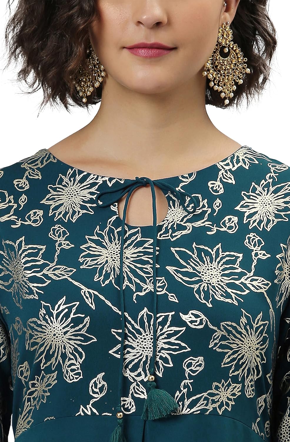 Janasya Women's Teal Ethnic Motifs Crepe Kurta