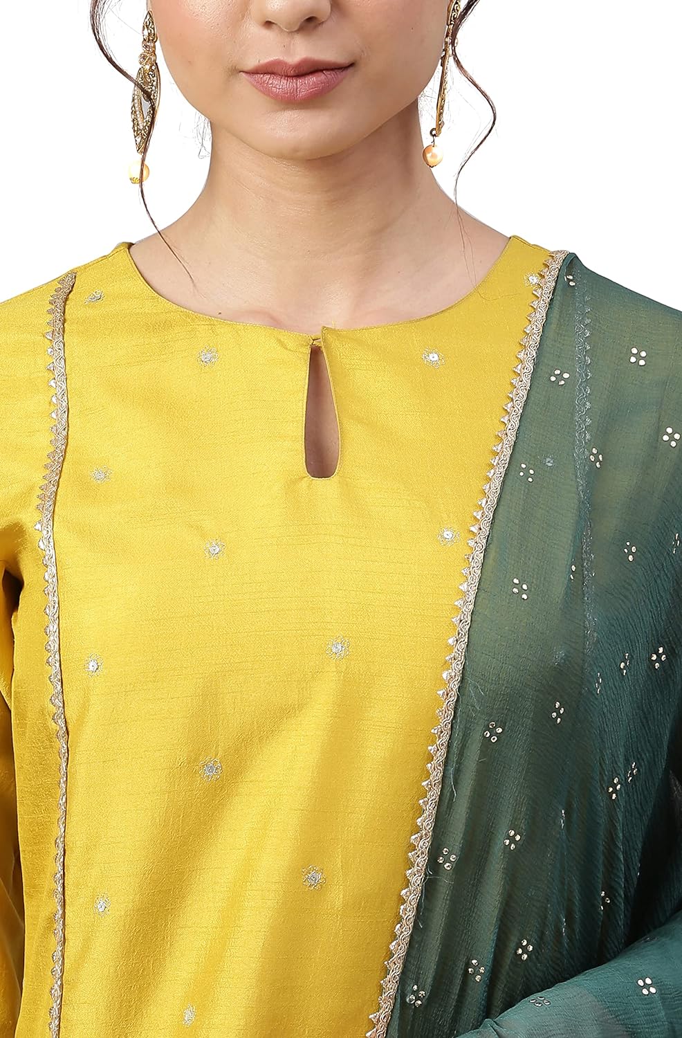 Janasya Women's Mustard Poly Silk Embellished Kurta with Pant and Dupatta