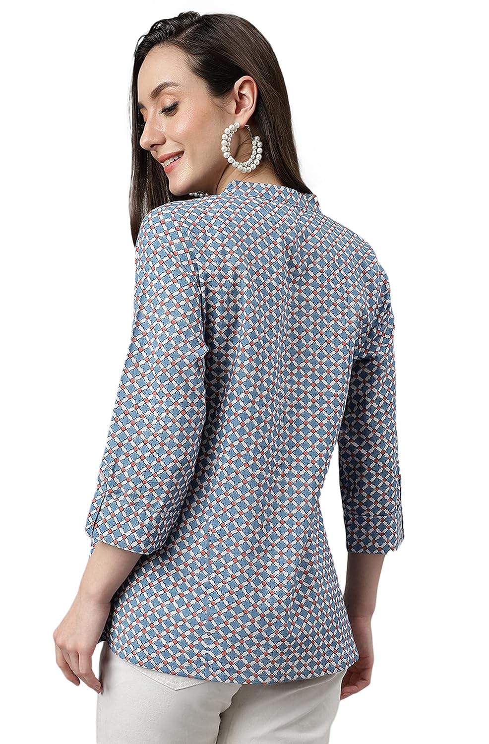 Janasya Women's Blue Cotton Printed Regular Top
