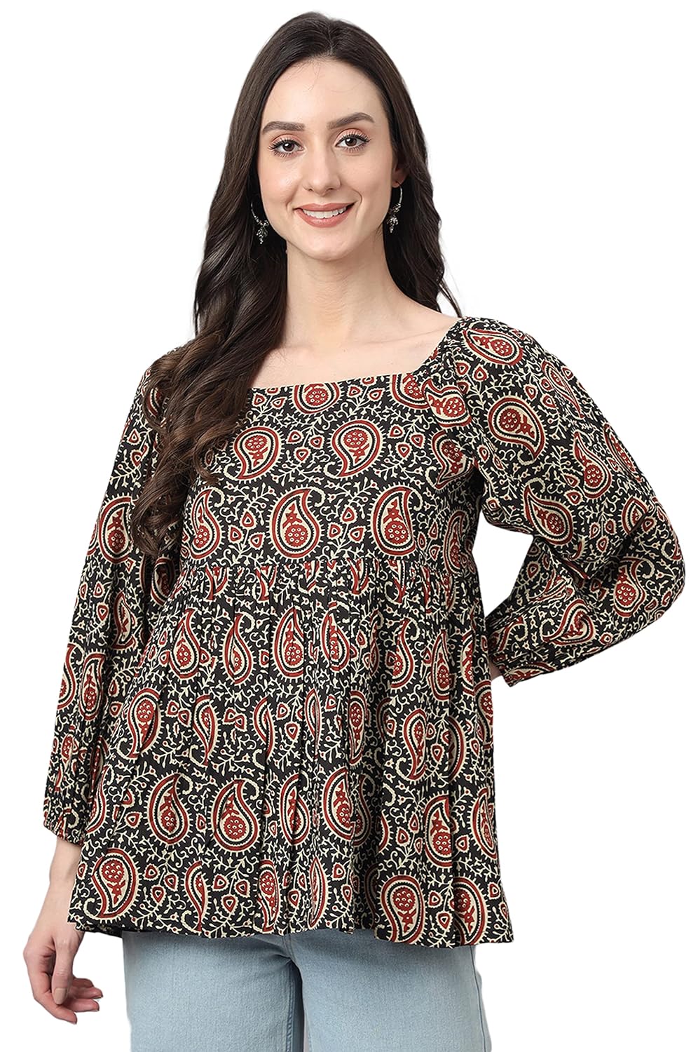 Janasya Women's Black Cotton Paisley Print Gathered Top