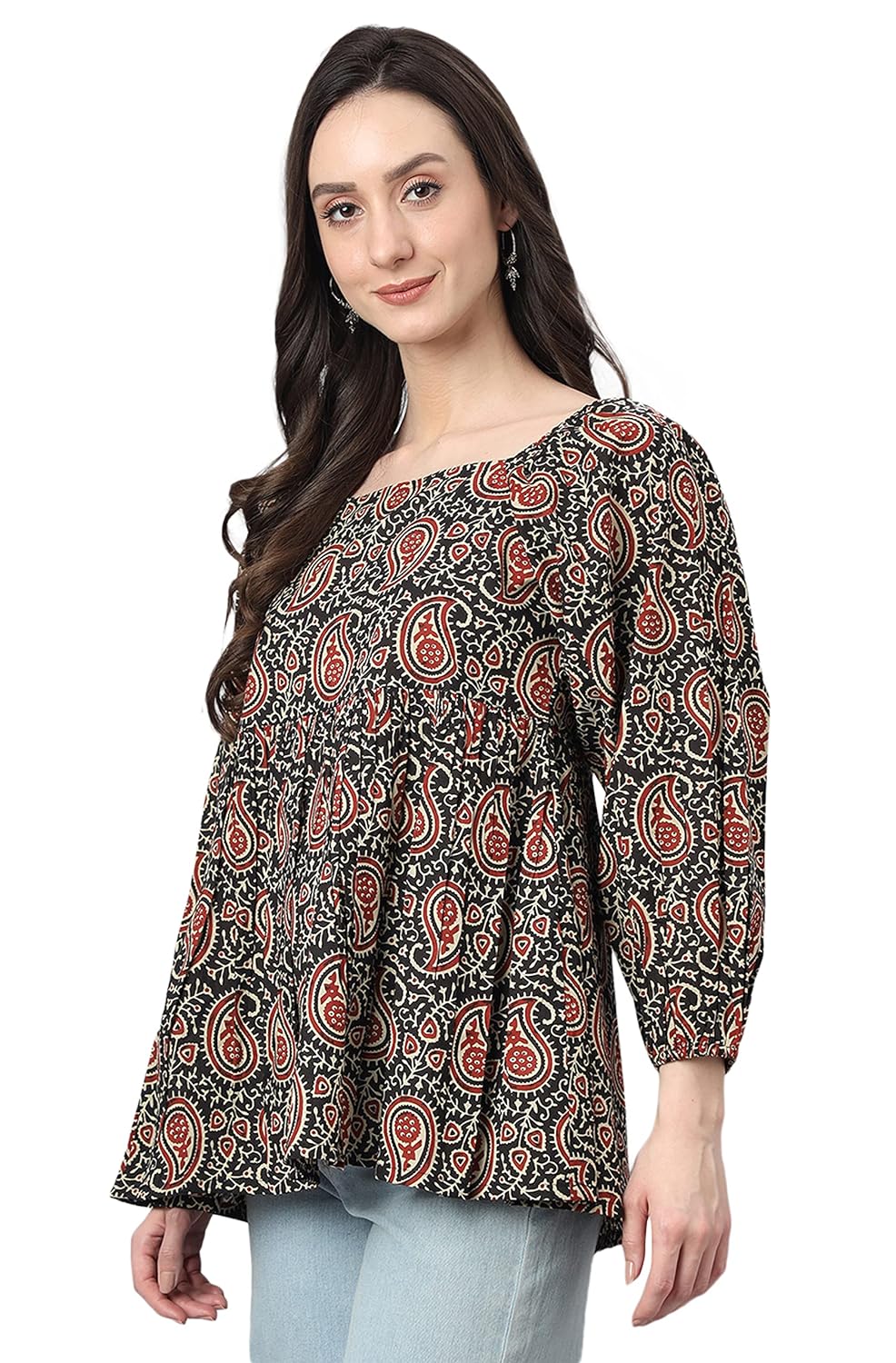 Janasya Women's Black Cotton Paisley Print Gathered Top