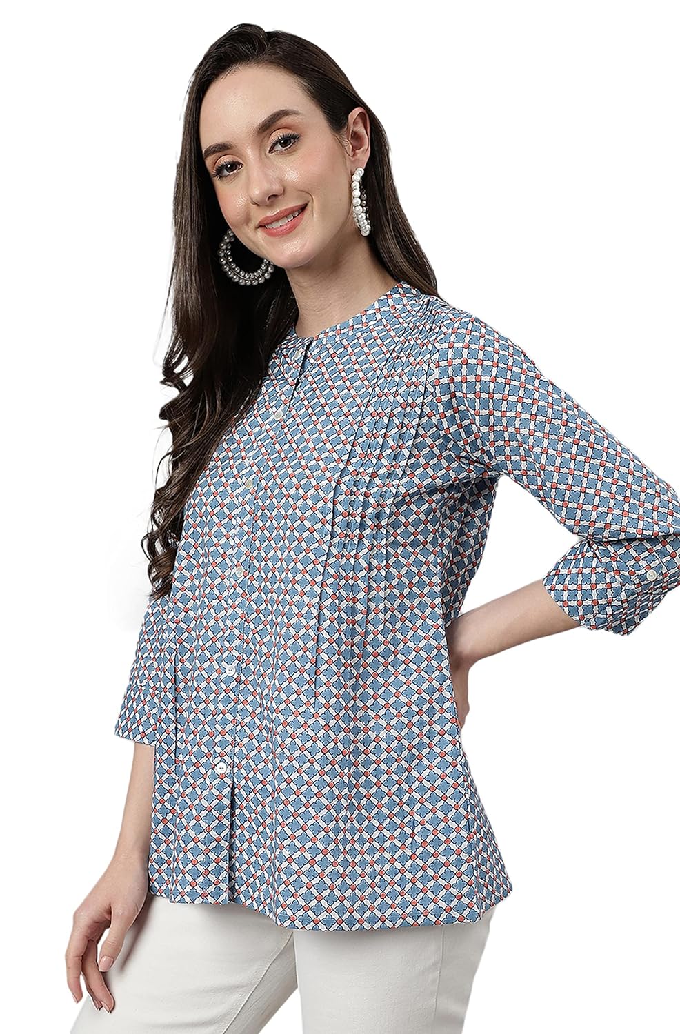 Janasya Women's Blue Cotton Printed Regular Top