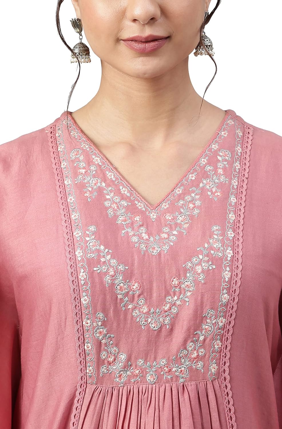 Janasya Women's Pink Polyester Yoke Embroidered Kurta with Pant