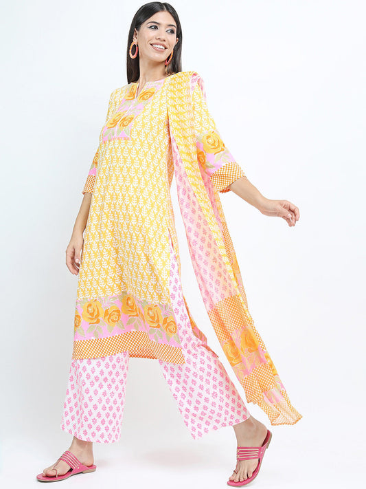 Vishudh Women Mustard & Pink Floral Printed Kurta with Palazzo and Dupatta