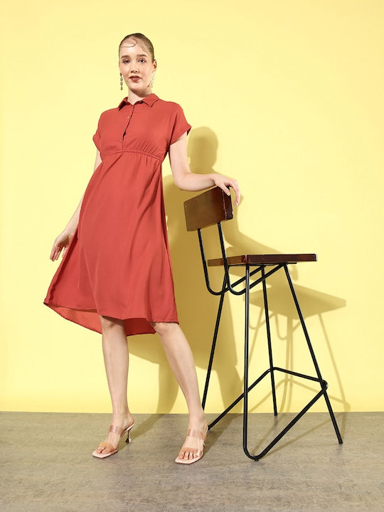 All about you Dusky Rust Shirt Collar Extended Sleeves Lace Stories Fit & Flare Dress