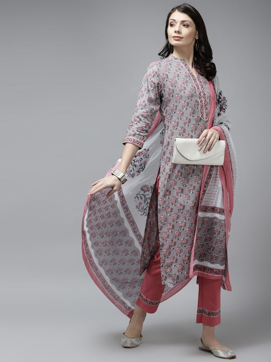 Yufta Women Grey Pure Cotton Ethnic Printed Gotta Patti Kurta with Trousers & Dupatta
