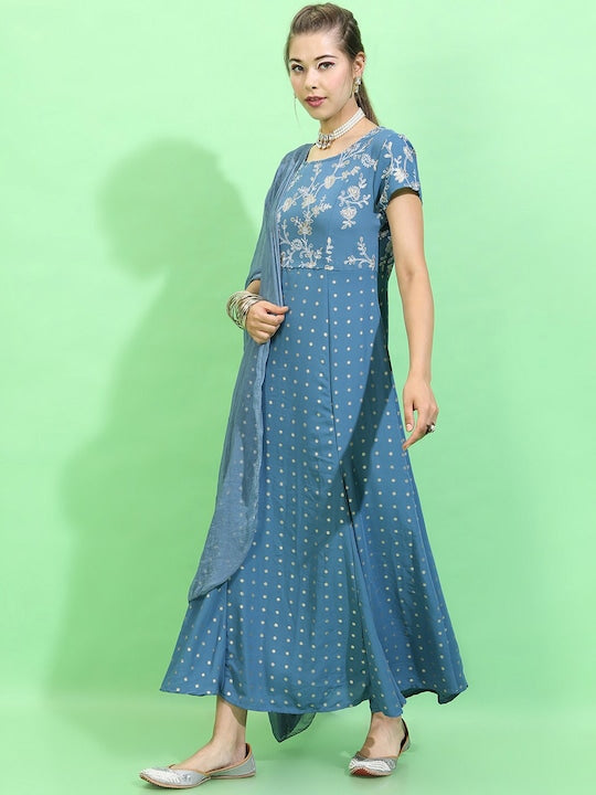 Vishudh Teal Ethnic Motifs Ethnic Maxi Dress