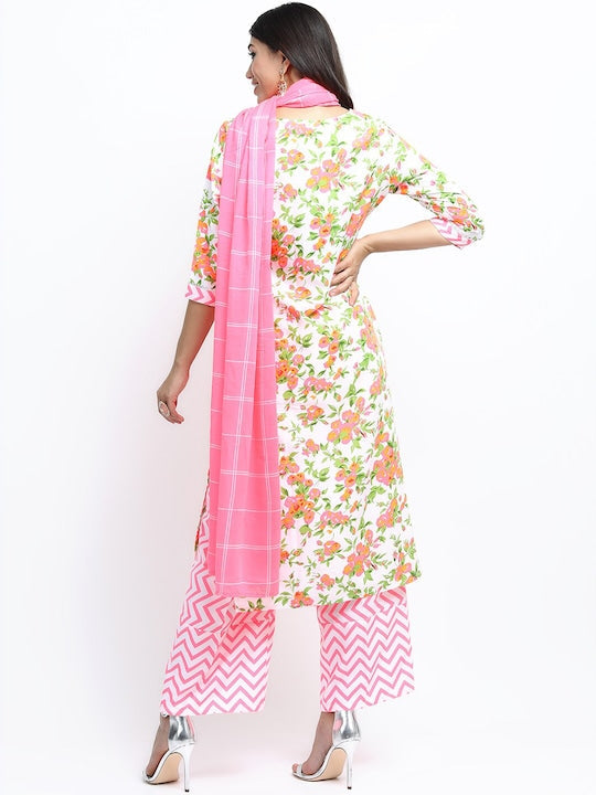 Vishudh Women Off White Floral Printed Gotta Patti Kurta with Palazzos & With Dupatta