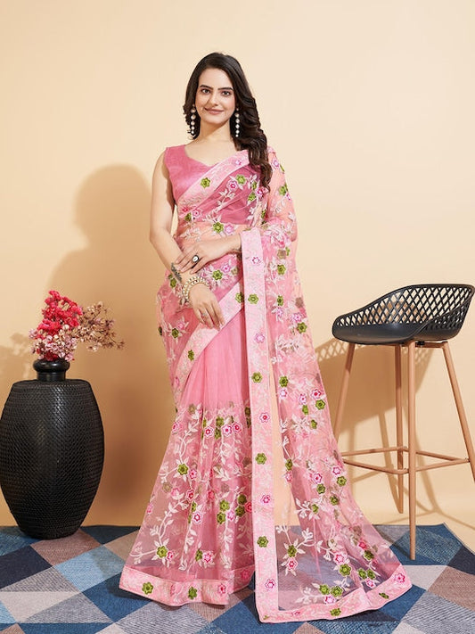Here&now Mauve & Green Floral Embroidered Net Saree