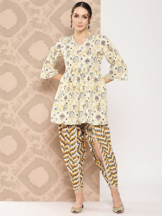 Yufta Women Floral Printed Regular Gotta Patti Pure Cotton Kurta with Dhoti Pants