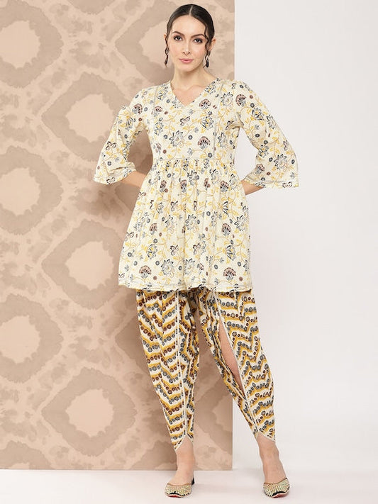 Yufta Women Floral Printed Regular Gotta Patti Pure Cotton Kurta with Dhoti Pants