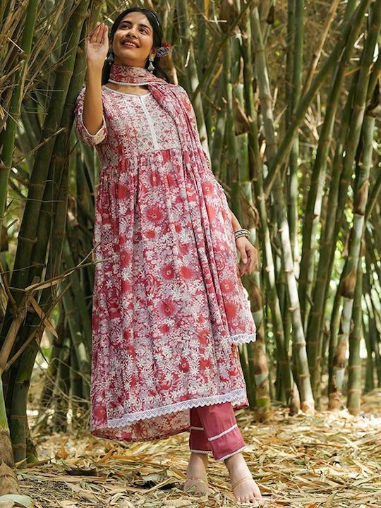 SCAKHI Floral Printed Pleated Chikankari Pure Cotton Kurta With Trousers & Dupatta