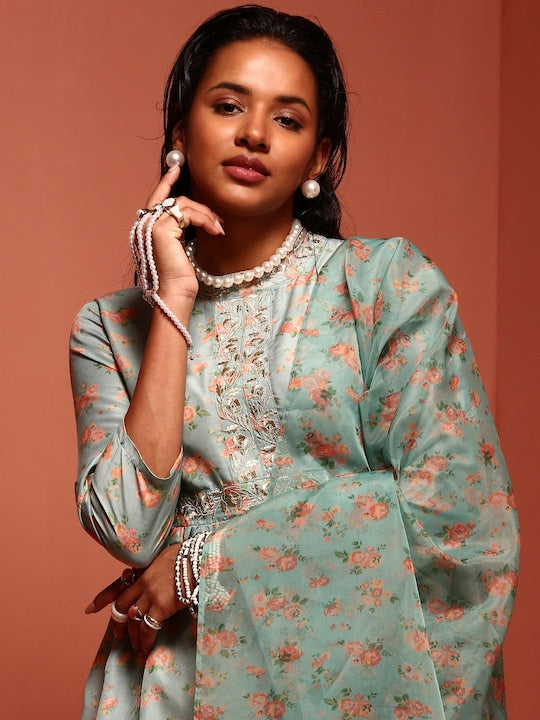 IMARA Floral Printed A-Line Regular Kurta with Trousers With Dupatta