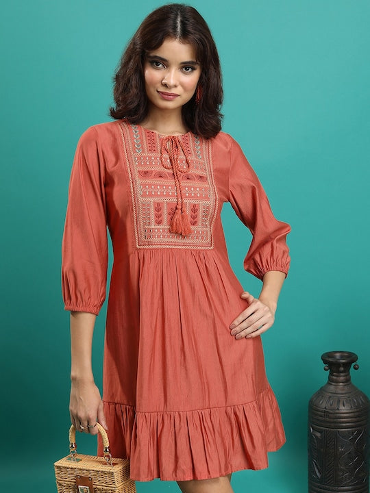 Vishudh Rust Tie-Up Neck Puff Sleeve Gathered or Pleated Fit & Flare Dress