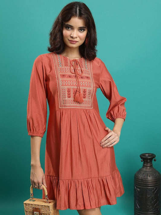 Vishudh Rust Tie-Up Neck Puff Sleeve Gathered or Pleated Fit & Flare Dress