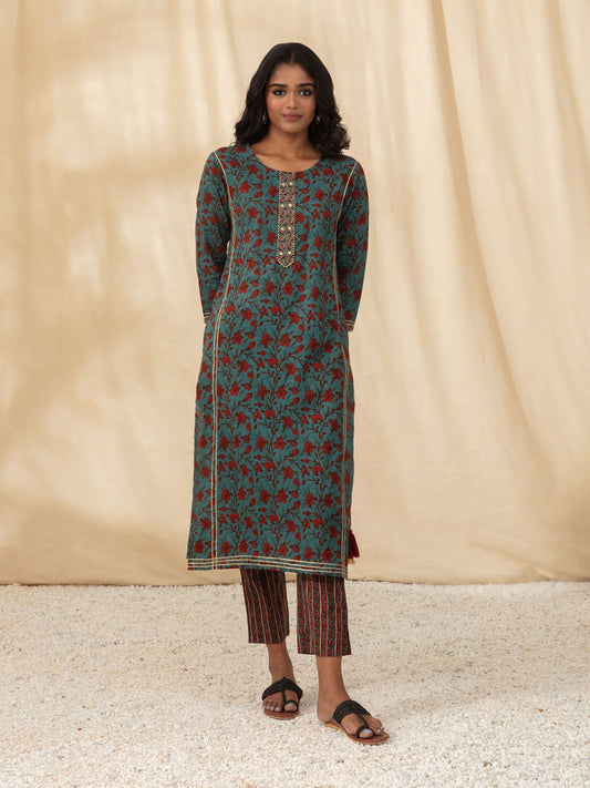 Likha Teal Jaipuri Printed Co-ord Set LIKSKD67 (Set of 2) - XL