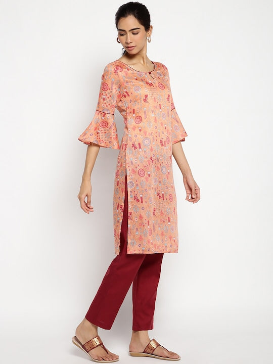 Aurelia Women Peach-Coloured Ethnic Motifs Printed Kurta with Trouser