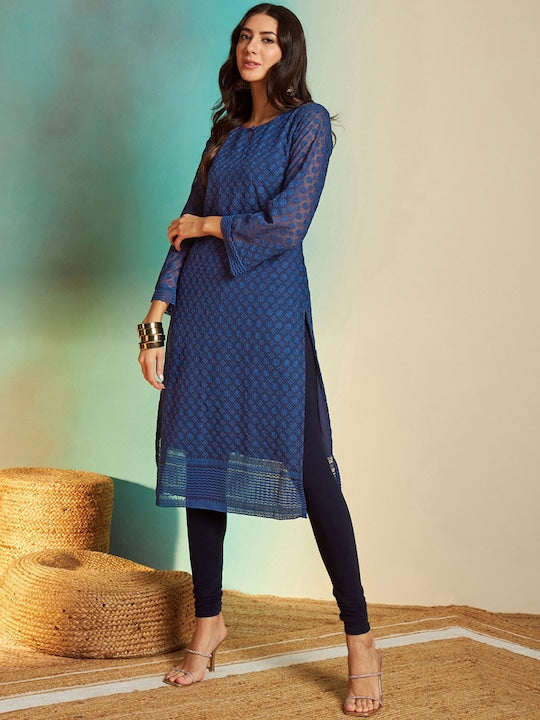 Sangria Floral Embroidered Keyhole Neck Flared Sleeves Thread Work Kurta