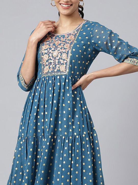 Aurelia Blue Ethnic Motifs Maxi Dress