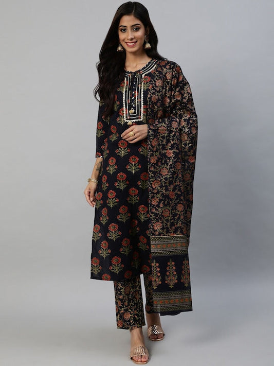Anubhutee Floral Printed Gotta Patti Pure Cotton Kurta with Trousers & Dupatta - S