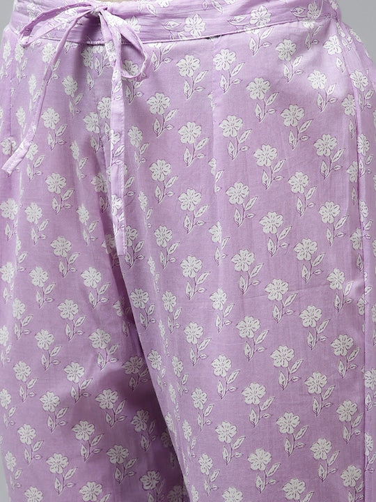 Yufta Women Lavender Ethnic Motifs Printed Pleated Gotta Patti Pure Cotton Kurta with Trousers & With