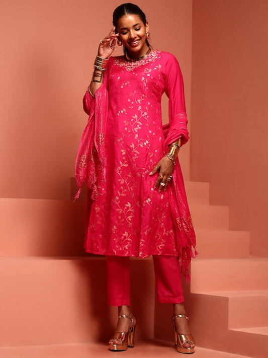 IMARA Floral Woven Design Thread Work A-Line Kurta with Trousers & With Dupatta